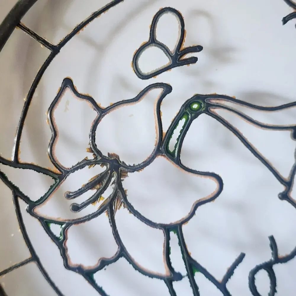 Stained Glass Suncatcher Clear Flowers & Butterflies 6 3/4” Round See Pictures
